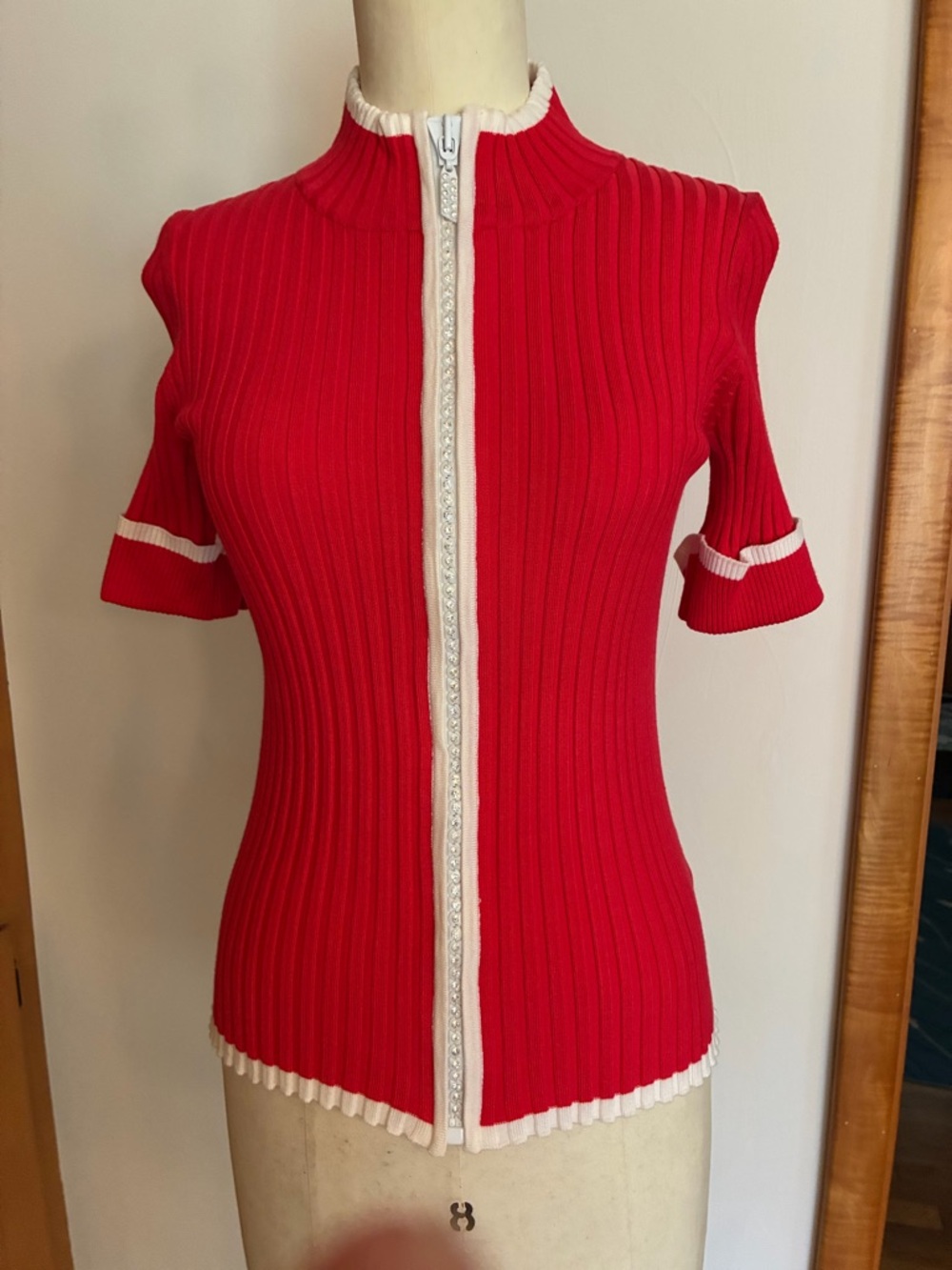 Belldini Coral Knit Cardigan Rhinestone Embellished Zipper White Trim Red Pink - Picture 6 of 10